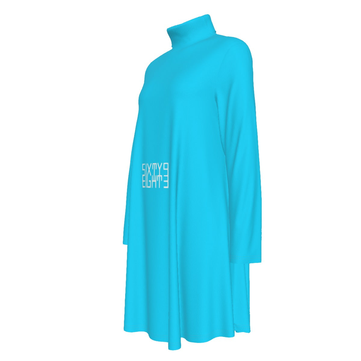 Sixty Eight 93 Logo White Aqua Blue Women's High Neck Long Sleeve Dress #22