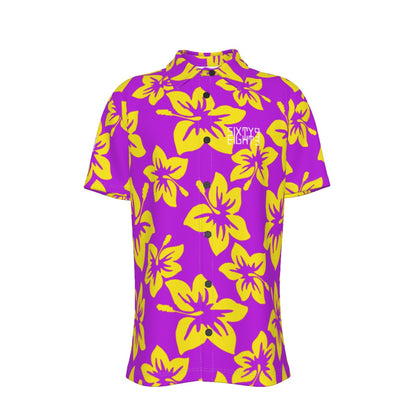 Sixty Eight 93 Logo White Hibiscus Gold & Purple Button Up Shirt