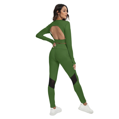 Sixty Eight 93 Logo White Forest Green Women's Sport Set With Backless Top And Leggings