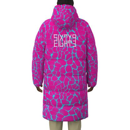 Sixty Eight 93 Logo White Boa Fuchsia & Aqua Blue Unisex Puff Long Down Jacket