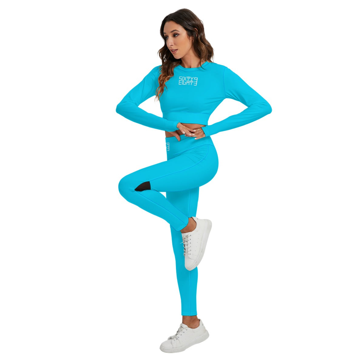 Sixty Eight 93 Logo White Aqua Blue Women's Sport Set With Backless Top And Leggings