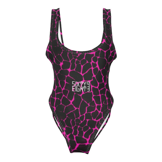 Sixty Eight 93 Logo White Boa Black Pink Women's High Cut One-Piece Swimsuit