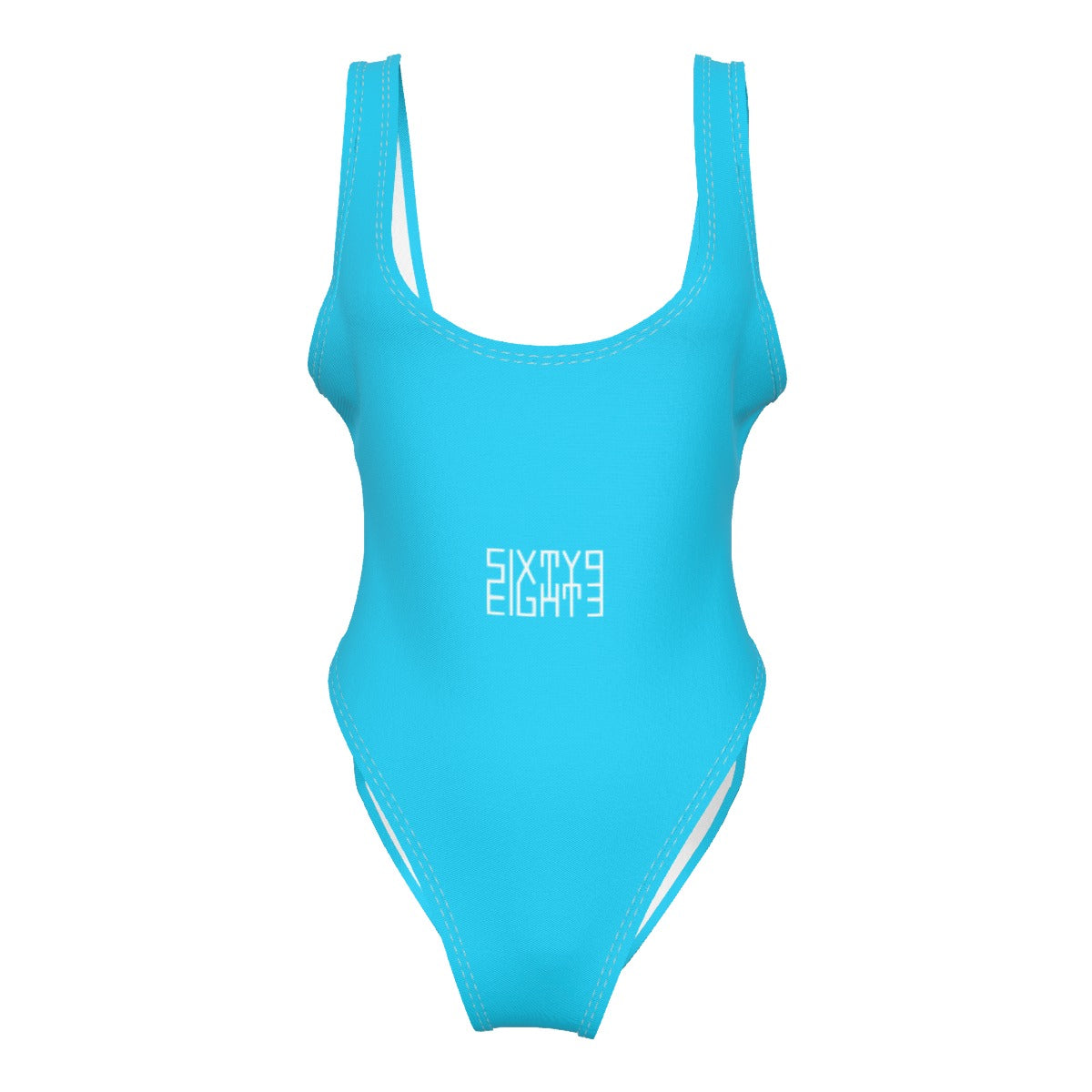 Sixty Eight 93 Logo White Aqua Blue Women's High Cut One-Piece Swimsuit