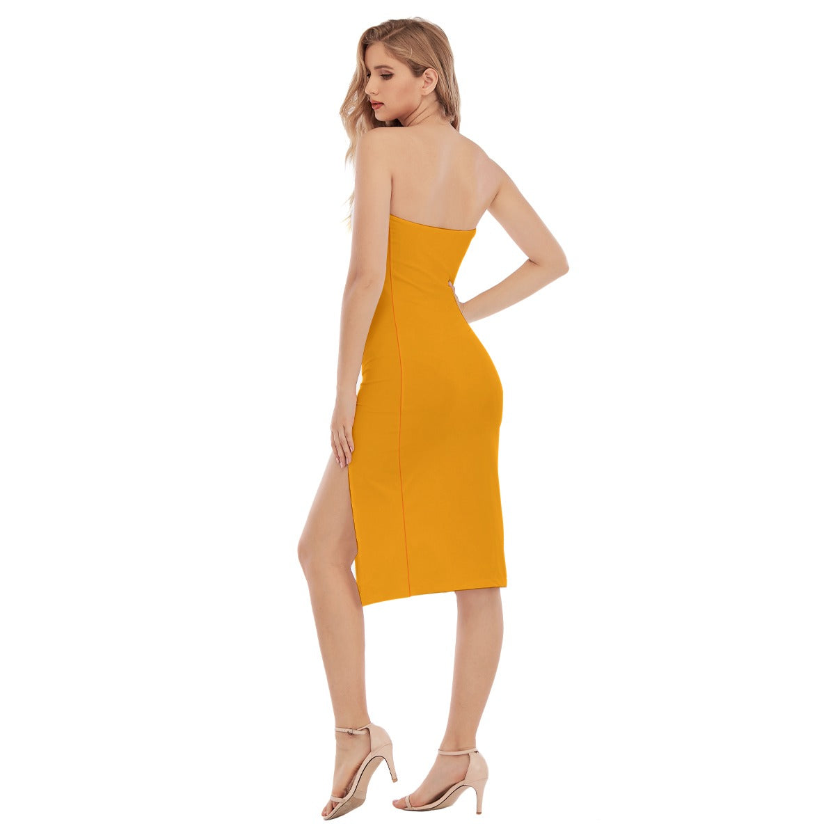 Sixty Eight 93 Logo White Orange Women's Side Split Tube Top Dress