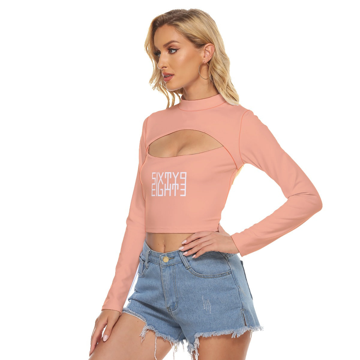 Sixty Eight 93 Logo White Peach Women's Hollow Chest Keyhole Tight Crop Top