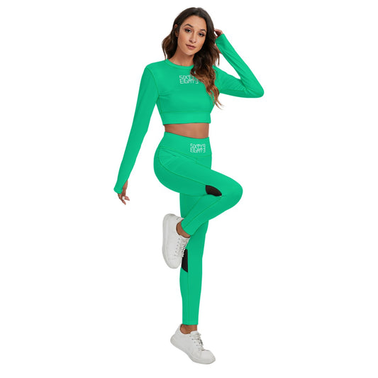 Sixty Eight 93 Logo White Sea Green Women's Sport Set With Backless Top And Leggings
