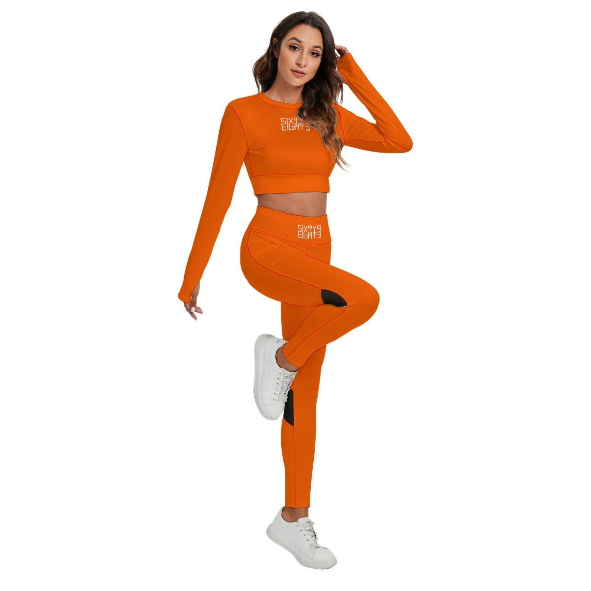 Sixty Eight 93 Logo White Orange Women's Sport Set With Backless Top And Leggings