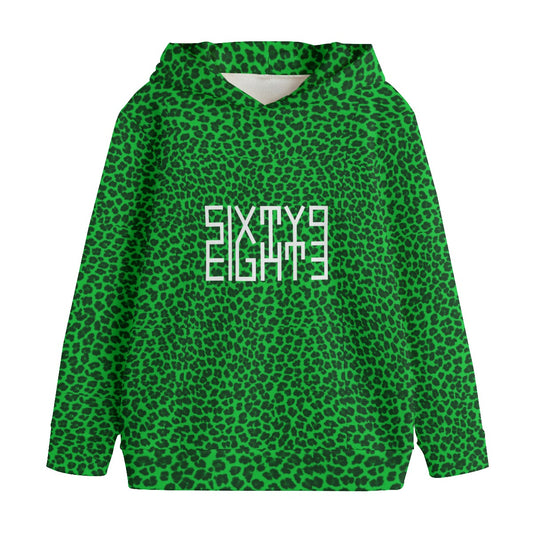 Sixty Eight 93 Logo White Cheetah Lime Green Kid's Pullover Hoodie
