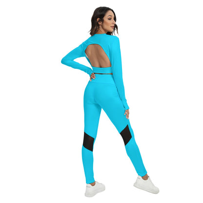 Sixty Eight 93 Logo White Aqua Blue Women's Sport Set With Backless Top And Leggings