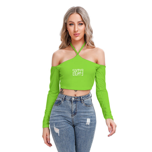 Sixty Eight 93 Logo White Green Apple Women's Halter Lace-up Top