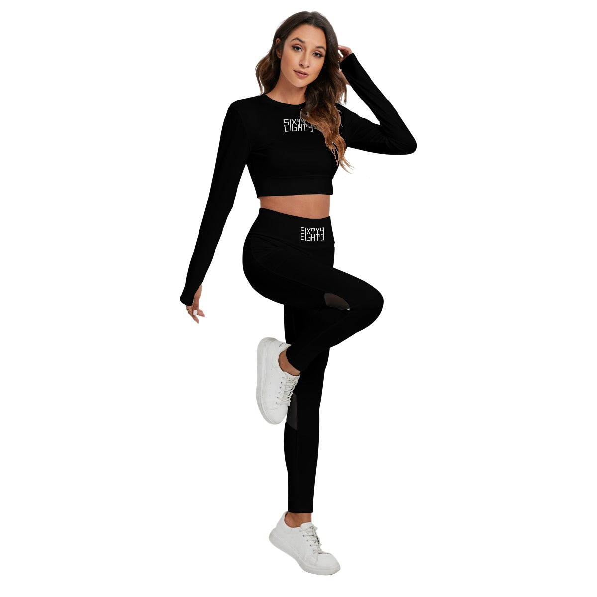 Sixty Eight 93 Logo White Black Women's Sport Set With Backless Top And Leggings