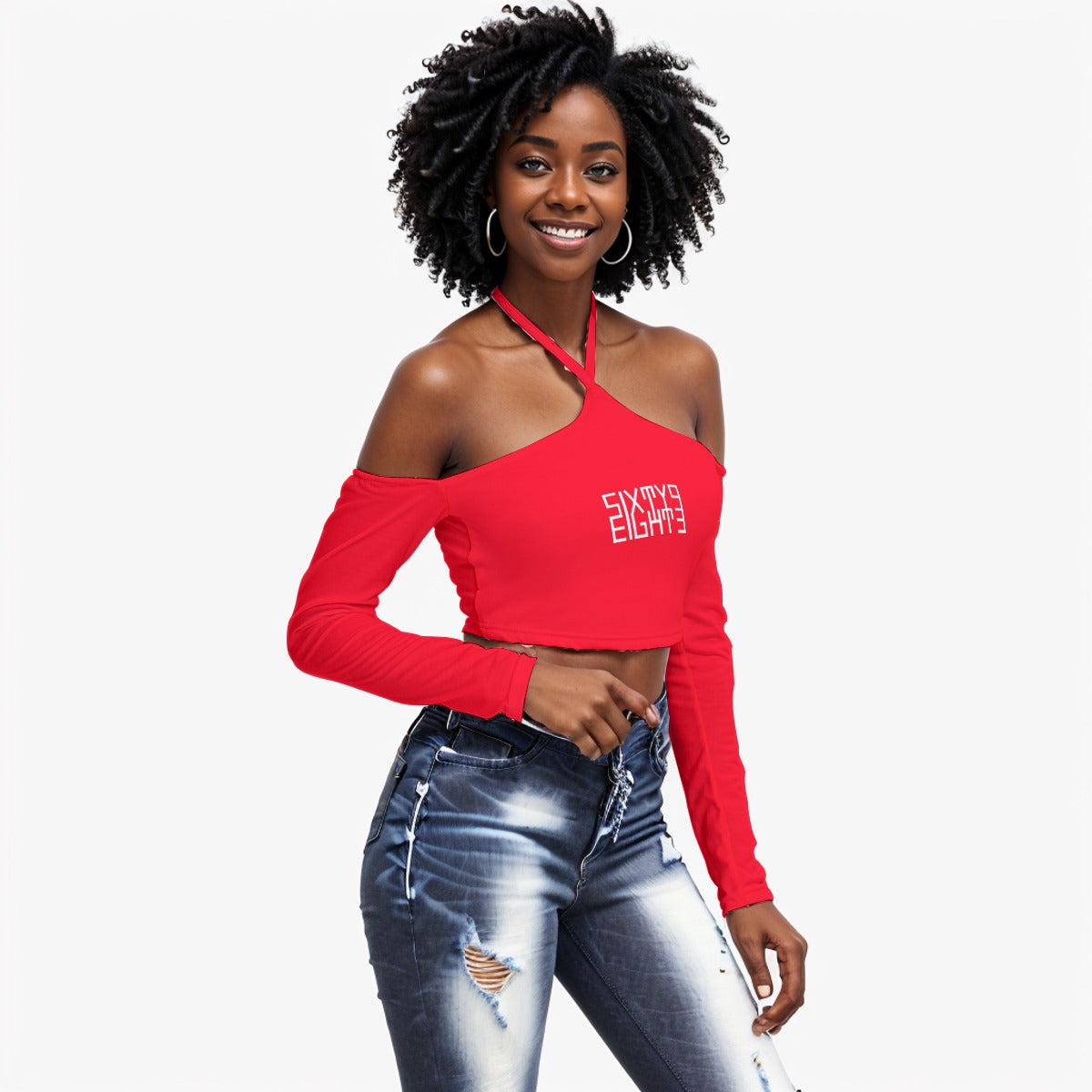 Sixty Eight 93 Logo White Red Women's Halter Lace-up Top