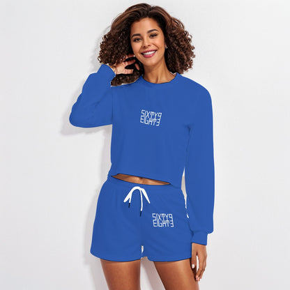 Sixty Eight 93 Logo White Blue Women's Short Sweatshirt And Pants Set