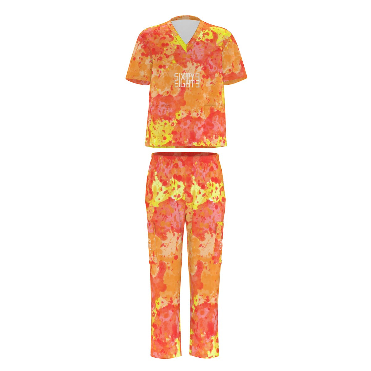 Sixty Eight 93 Logo White Sunburst Unisex Scrub Set With Six Pockets