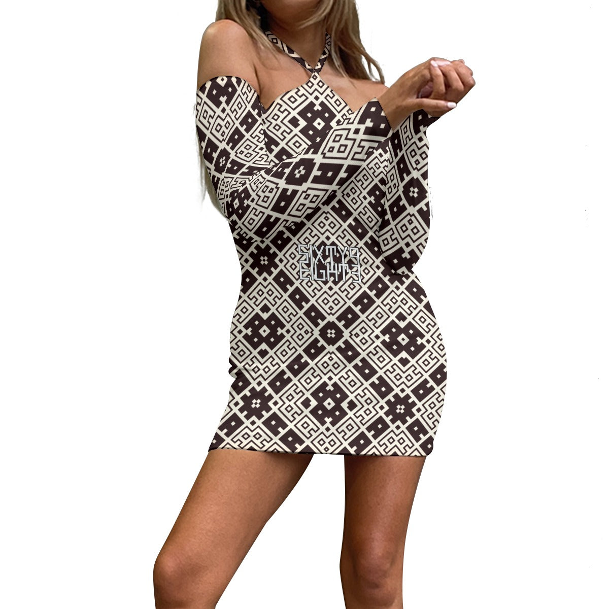 Sixty Eight 93 Logo White & Black Women's Halter Lace-Up Dress #22