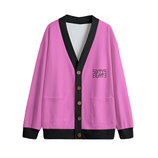 Sixty Eight 93 Logo Black & Pink Unisex V-Neck Knitted Fleece Cardigan