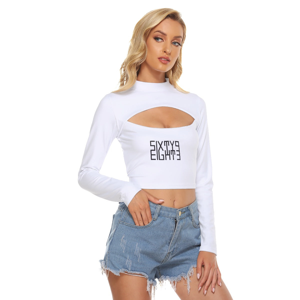 Sixty Eight 93 Logo Black White Women's Hollow Chest Keyhole Tight Crop Top