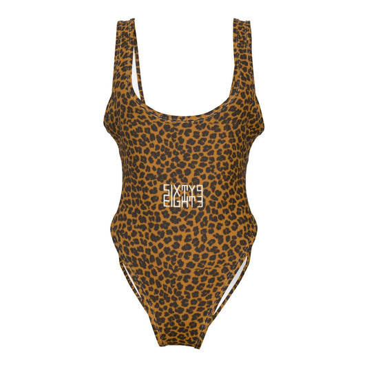 Sixty Eight 93 Logo White Cheetah Orange Women's High Cut One-Piece Swimsuit