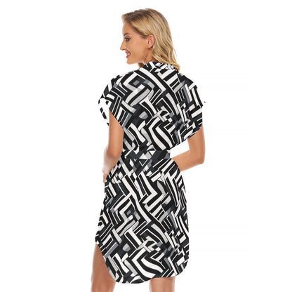 Sixty Eight 93 Logo White & Black Women's Stand-Up Collar Casual Dress With Belt #7