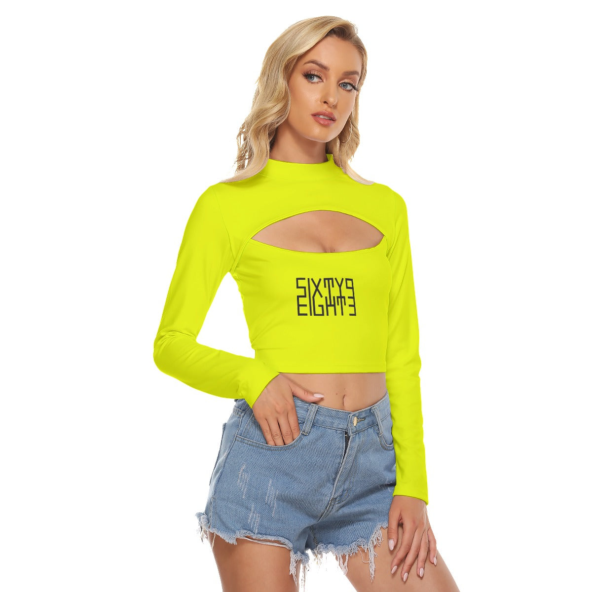 Sixty Eight 93 Logo Black Yellow Women's Hollow Chest Keyhole Tight Crop Top
