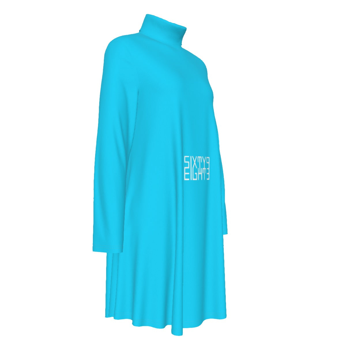 Sixty Eight 93 Logo White Aqua Blue Women's High Neck Long Sleeve Dress #22