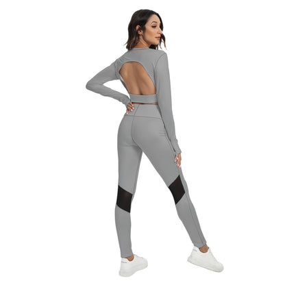 Sixty Eight 93 Logo Black Grey Women's Sport Set With Backless Top And Leggings