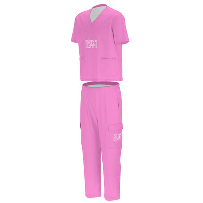 Sixty Eight 93 Logo White Pink Unisex Scrub Set With Six Pockets