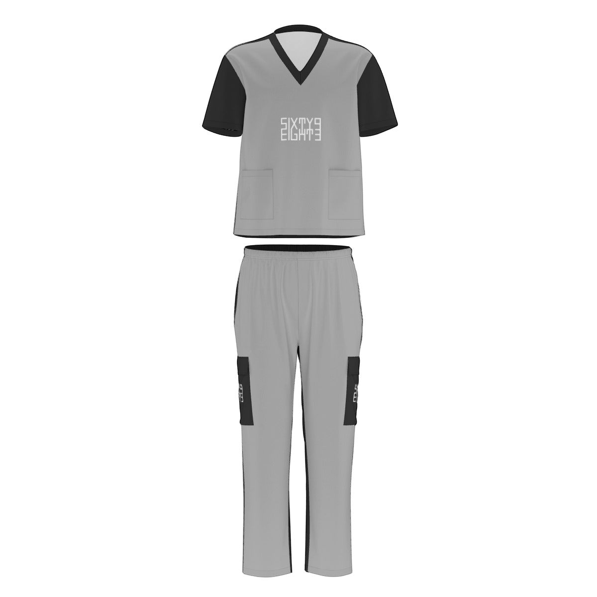 Sixty Eight 93 Logo White Grey & Black Unisex Scrub Set With Six Pockets