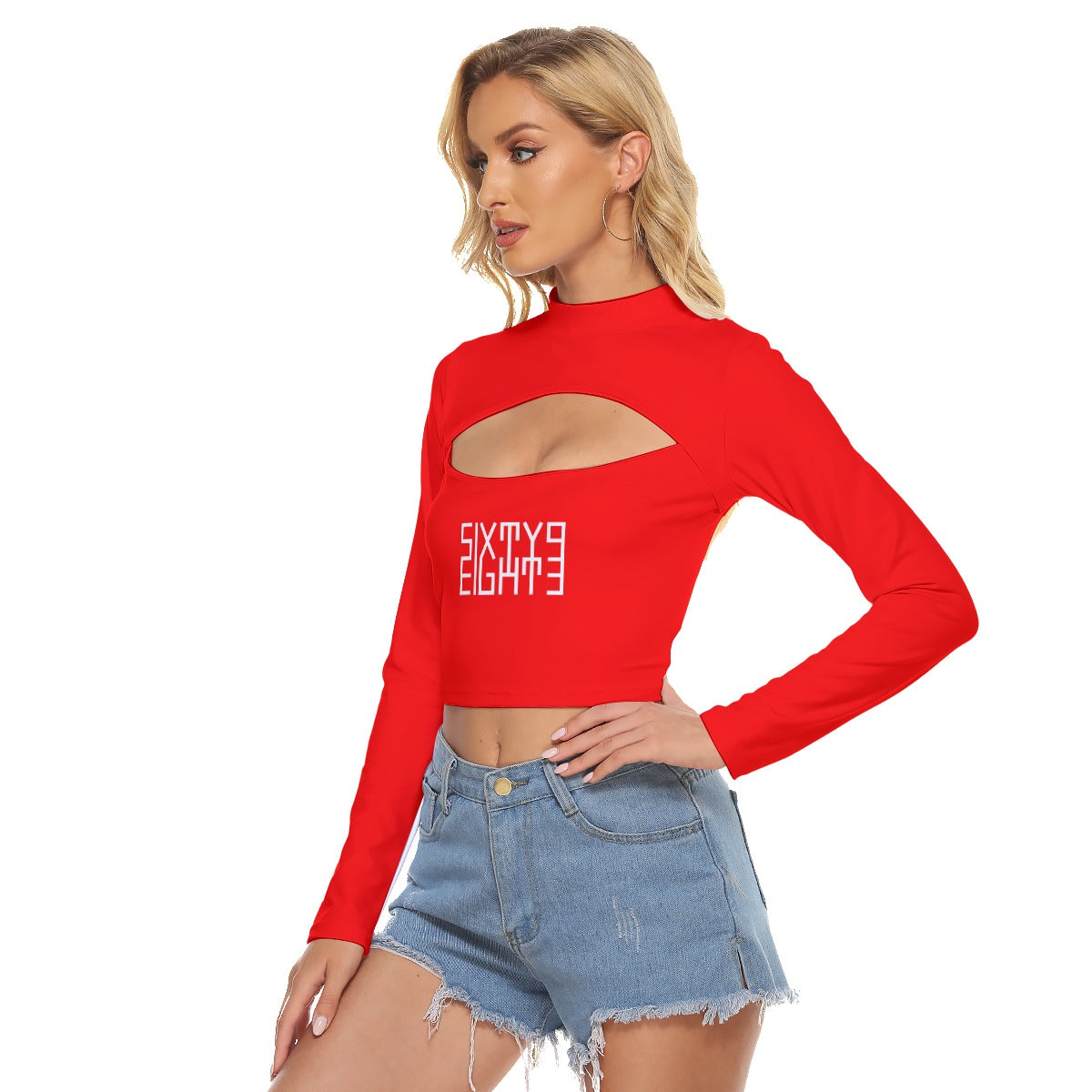Sixty Eight 93 Logo White Red Women's Hollow Chest Keyhole Tight Crop Top