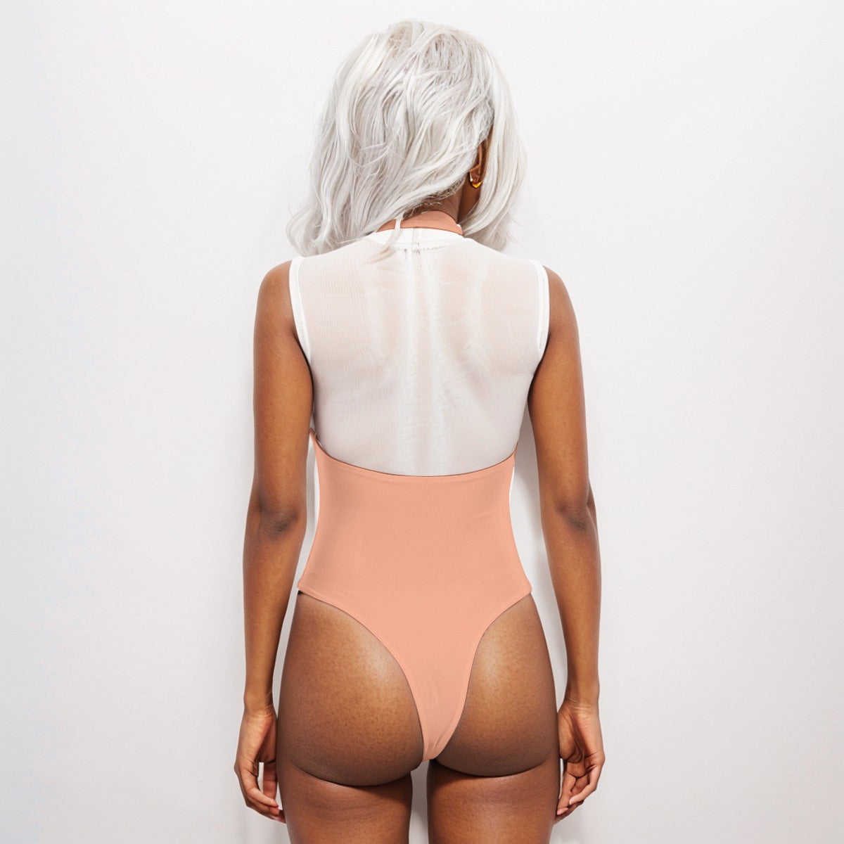 Sixty Eight 93 Logo White Peach Women's Backless V-Neck Skinny Bodysuit