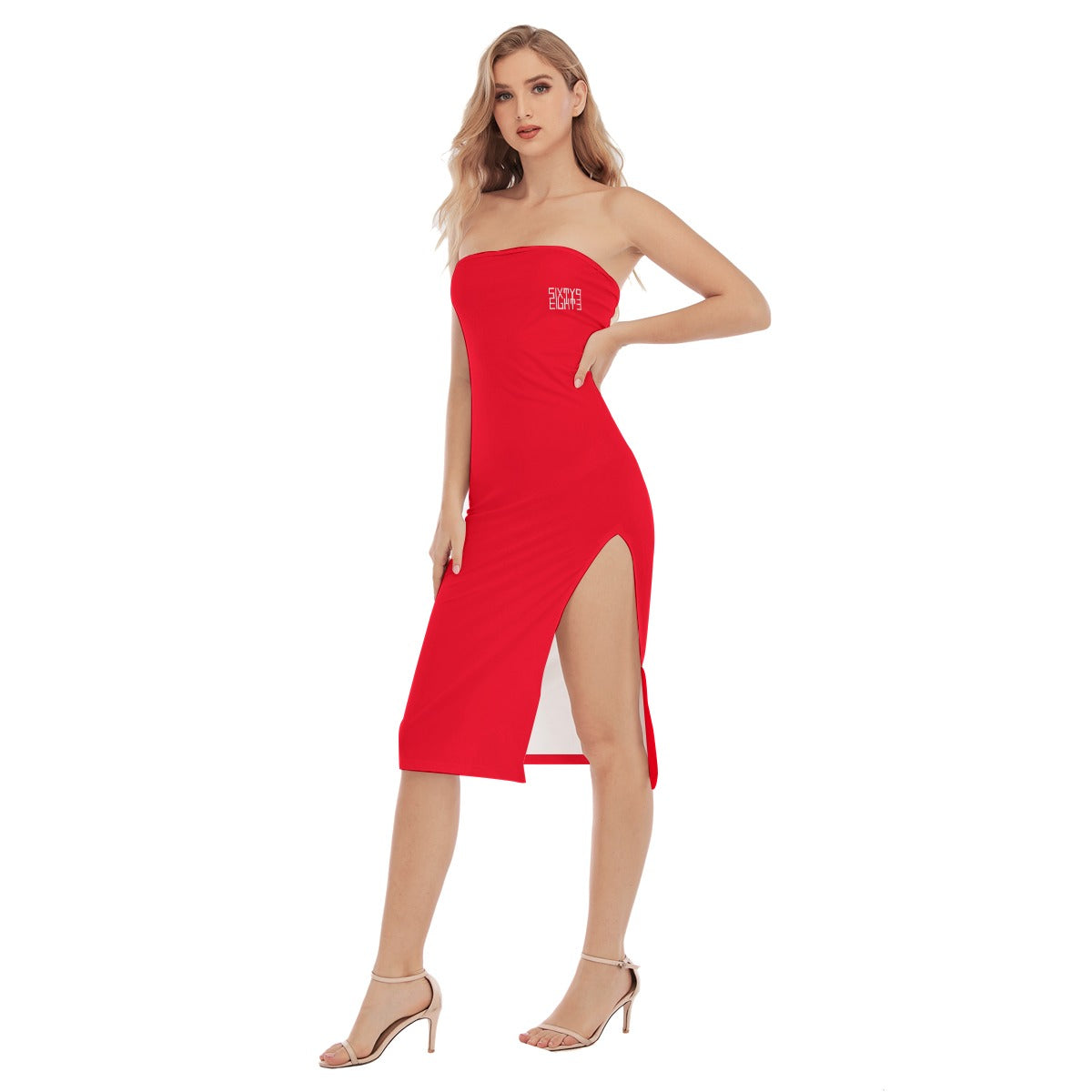 Sixty Eight 93 Logo White Red Women's Side Split Tube Top Dress