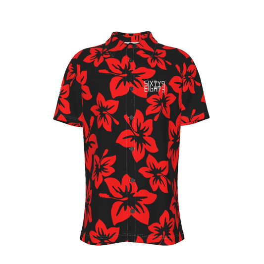 Sixty Eight 93 Logo White Hibiscus Red & Black Button Up Shirt