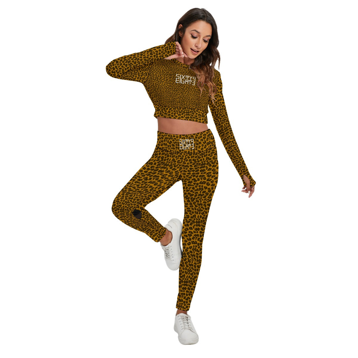 Sixty Eight 93 Logo White Cheetah Orange Women's Sport Set With Backless Top And Leggings