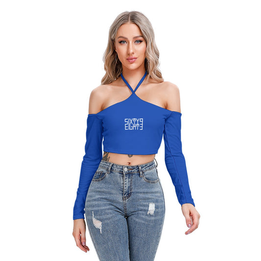 Sixty Eight 93 Logo White Blue Women's Halter Lace-up Top