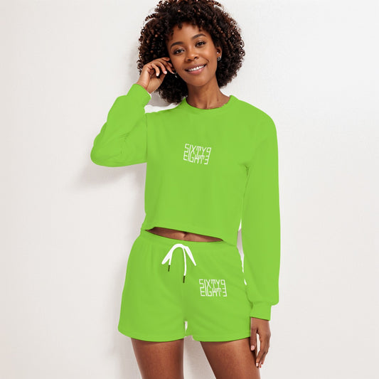Sixty Eight 93 Logo White Green Apple Women's Short Sweatshirt And Pants Set