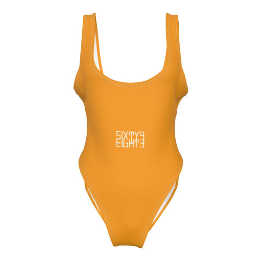 Sixty Eight 93 Logo White Orange Women's High Cut One-Piece Swimsuit
