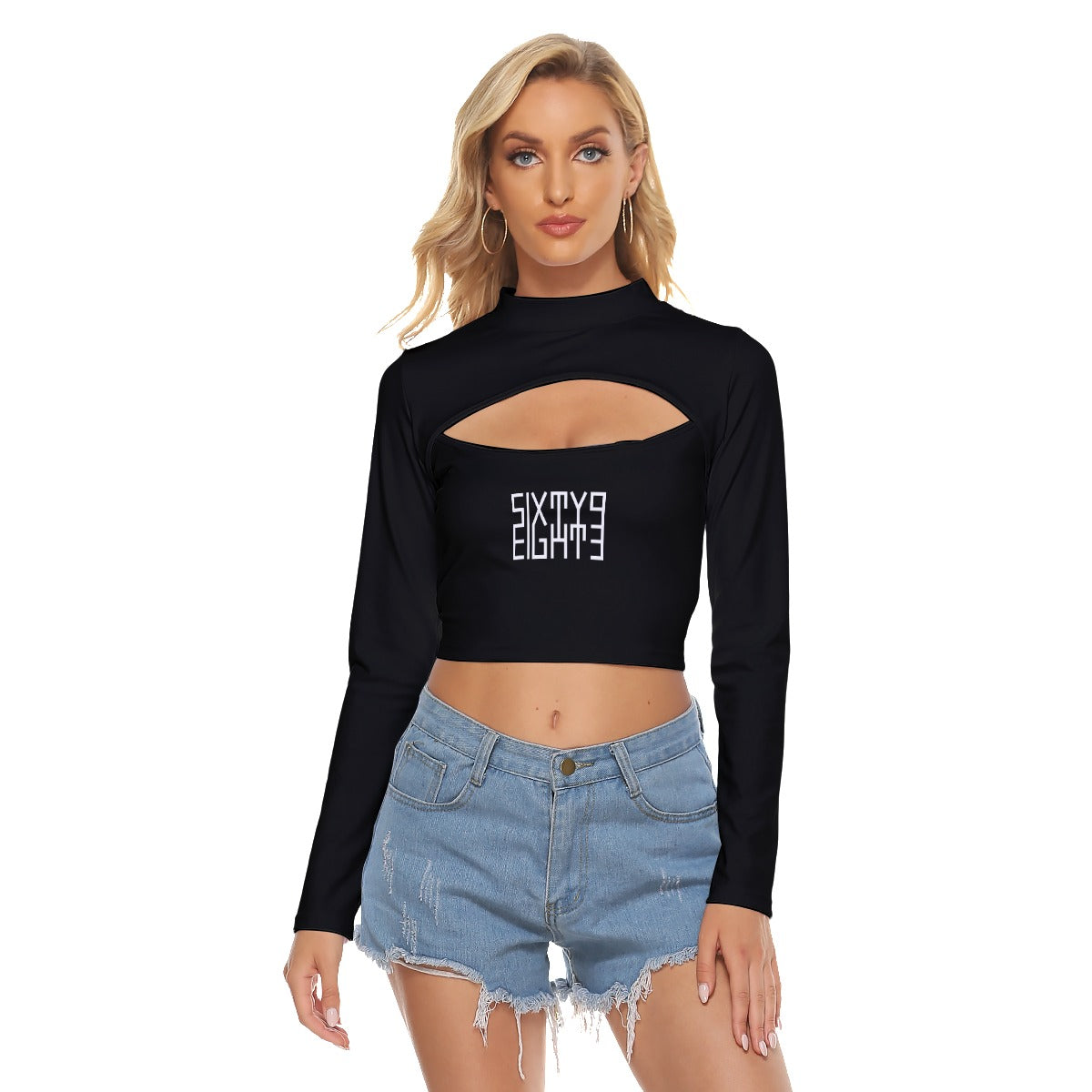 Sixty Eight 93 Logo White Black Women's Hollow Chest Keyhole Tight Crop Top