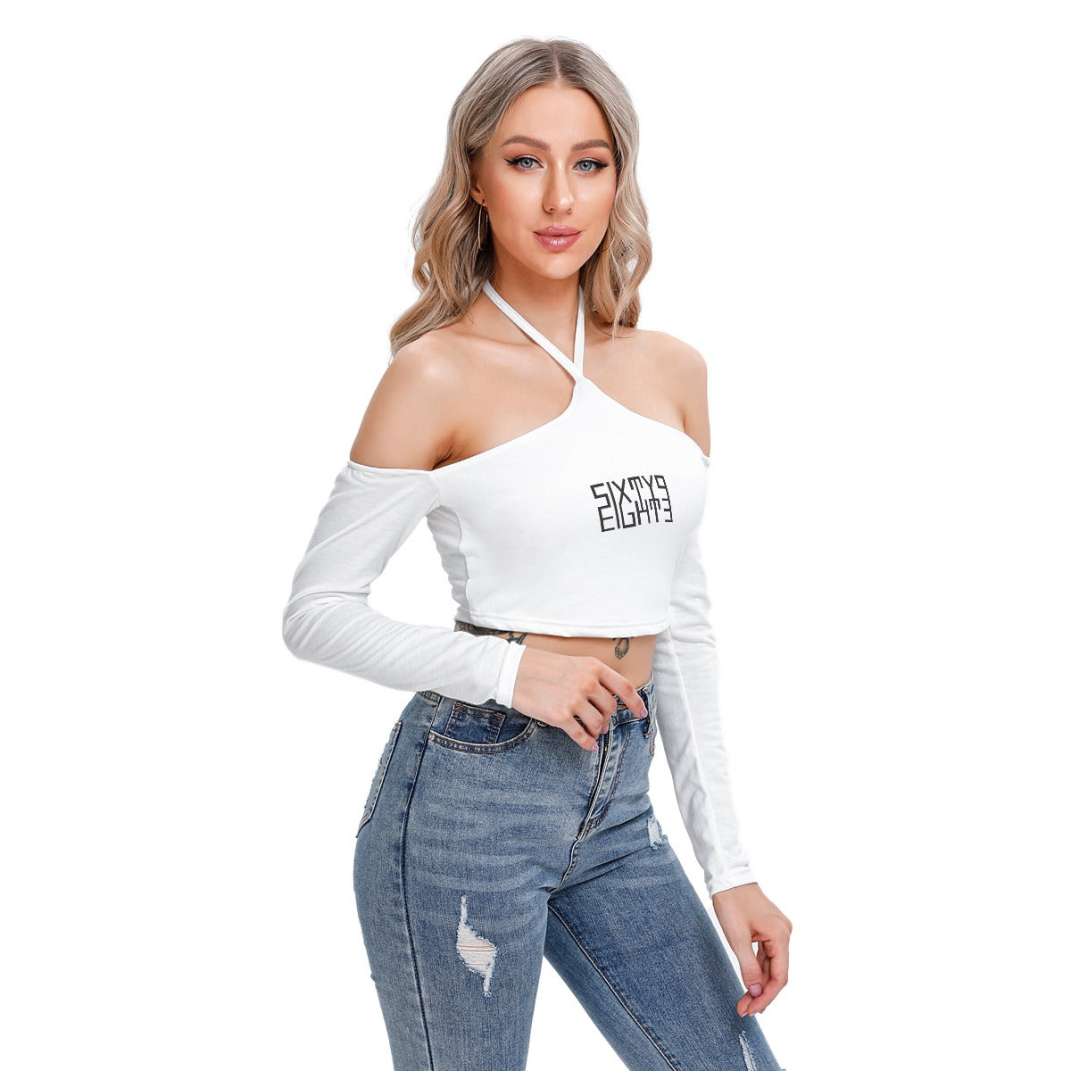 Sixty Eight 93 Logo Black White Women's Halter Lace-up Top