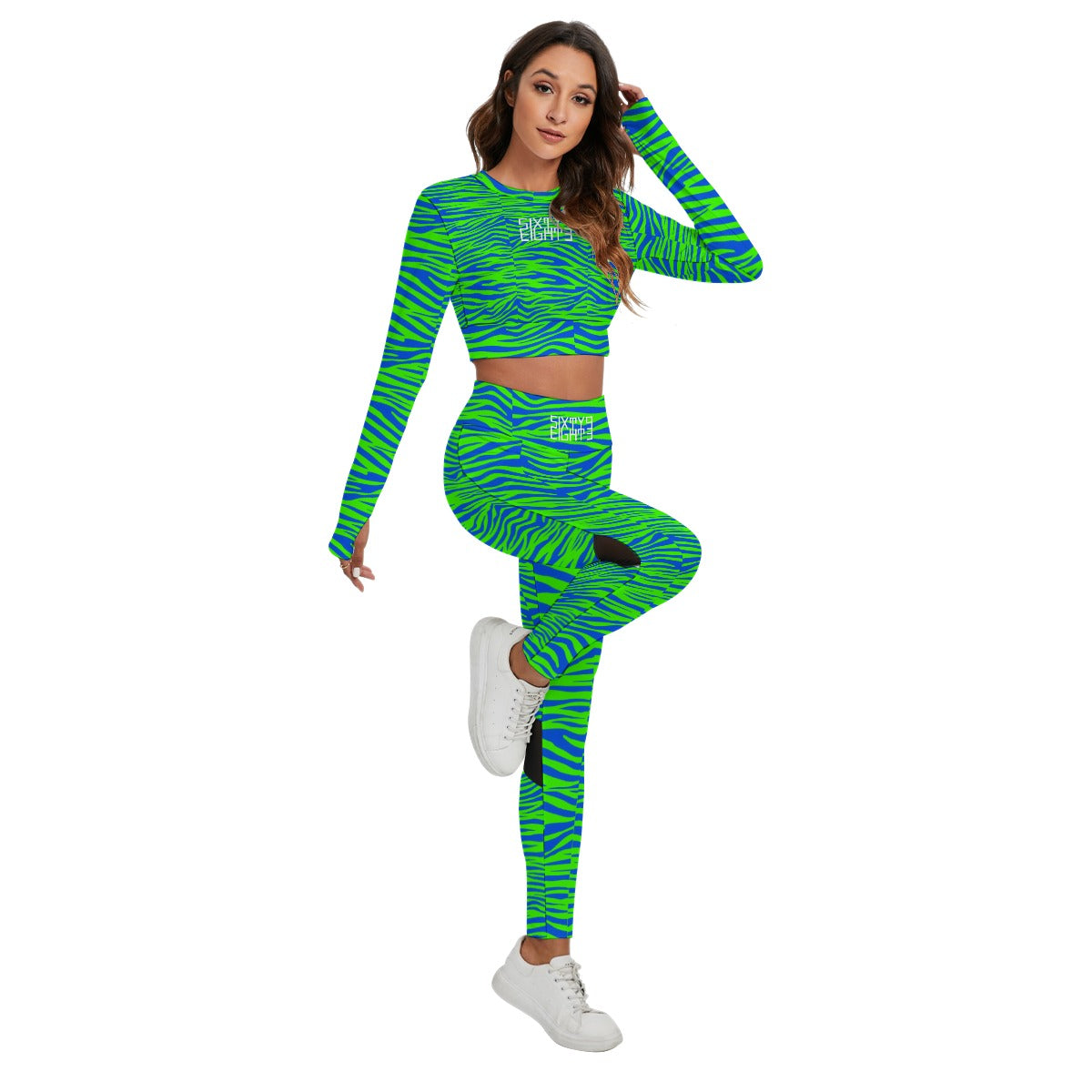 Sixty Eight 93 Logo White Zebra Blueberry Lime Women's Sport Set With Backless Top And Leggings