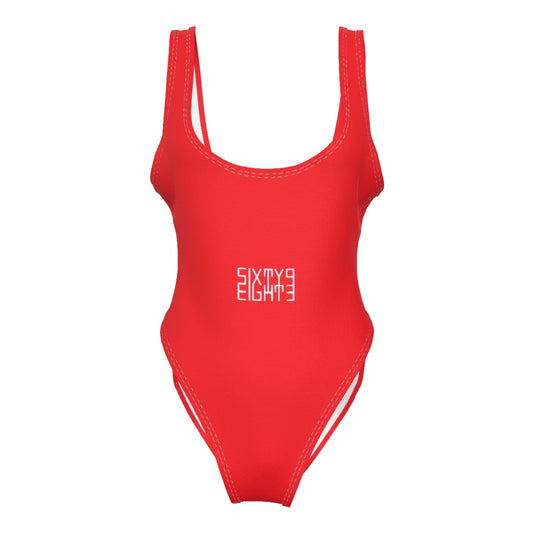 Sixty Eight 93 Logo White Red Women's High Cut One-Piece Swimsuit