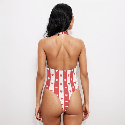 Sixty Eight 93 Logo Red & White Women's Backless V-Neck Skinny Bodysuit #6