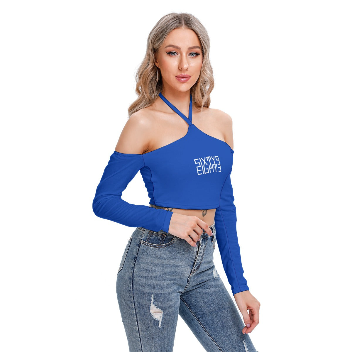 Sixty Eight 93 Logo White Blue Women's Halter Lace-up Top