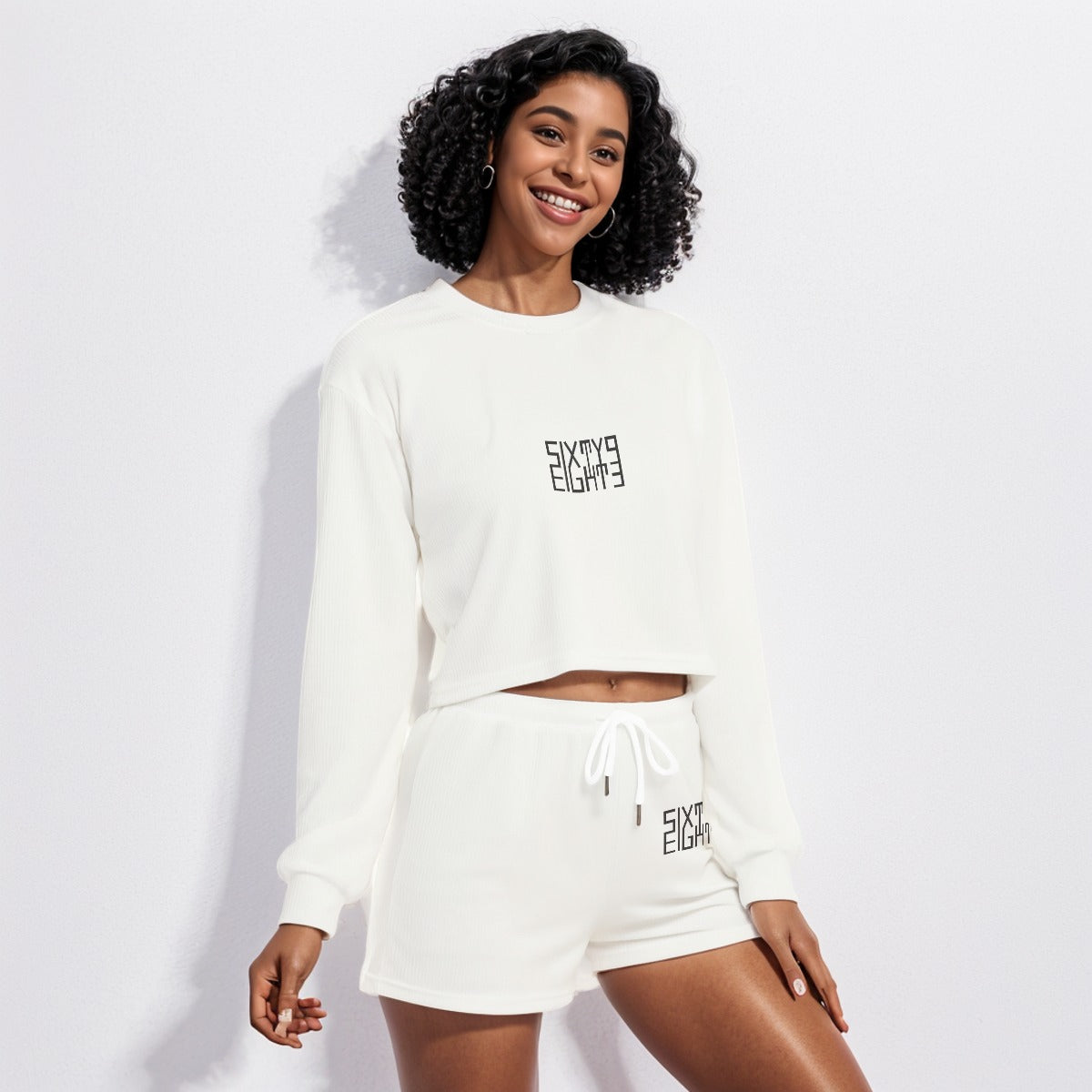 Sixty Eight 93 Logo Black White Women's Short Sweatshirt And Pants Set