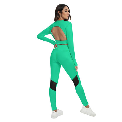 Sixty Eight 93 Logo White Sea Green Women's Sport Set With Backless Top And Leggings