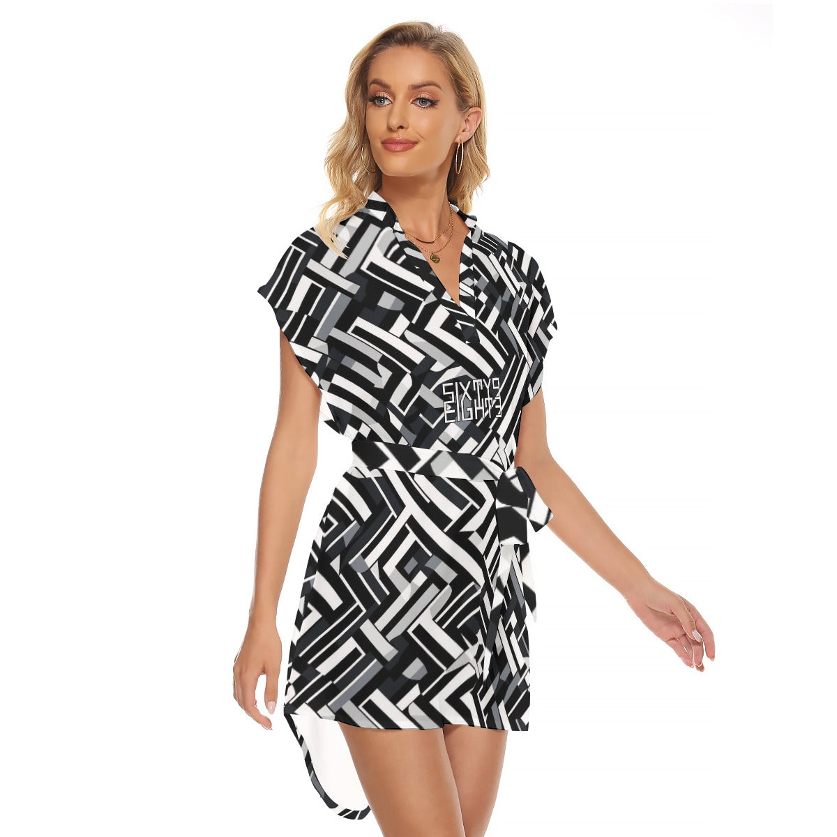 Sixty Eight 93 Logo White & Black Women's Stand-Up Collar Casual Dress With Belt #7