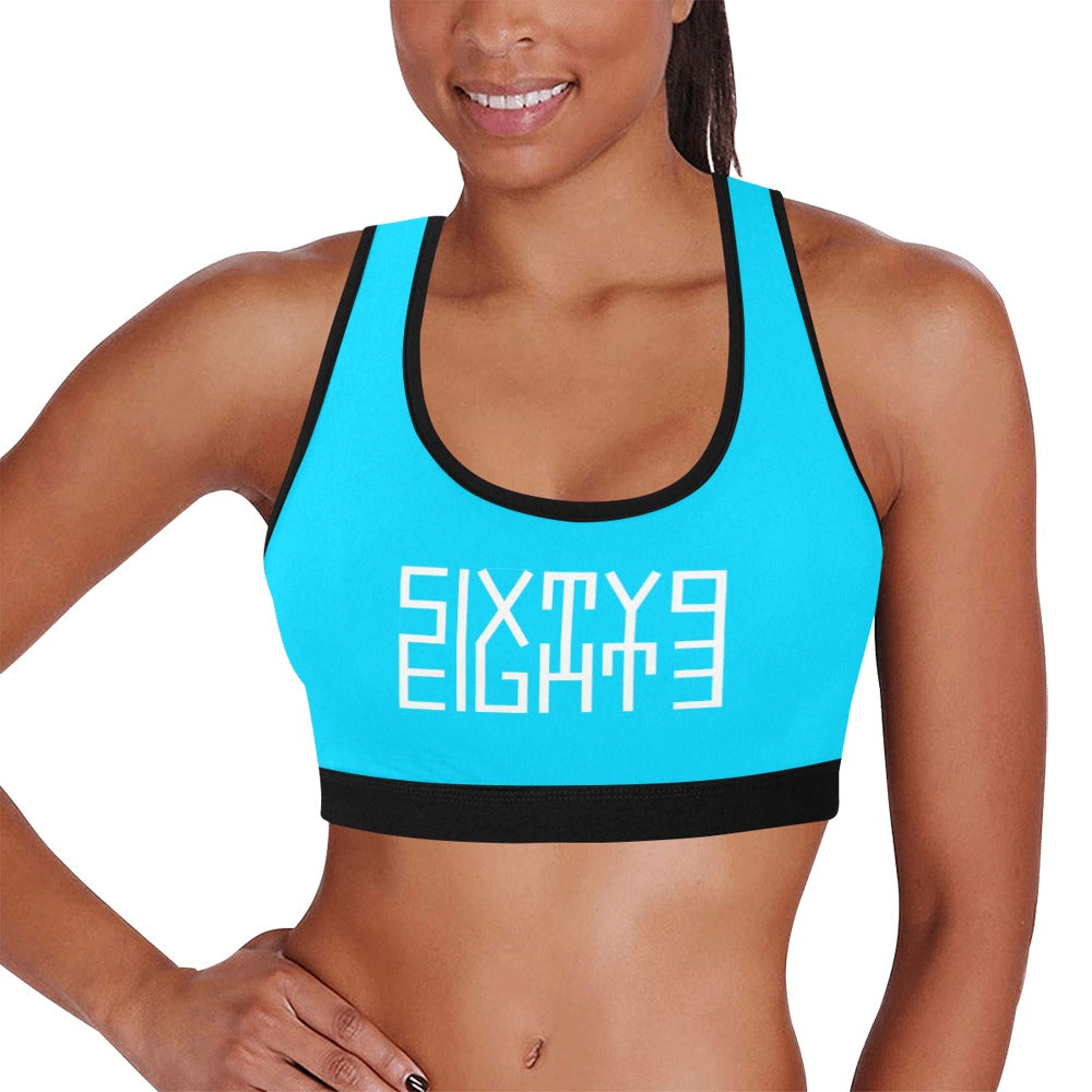 Sixty Eight 93 Logo White Aqua Blue & Black Sports Bra