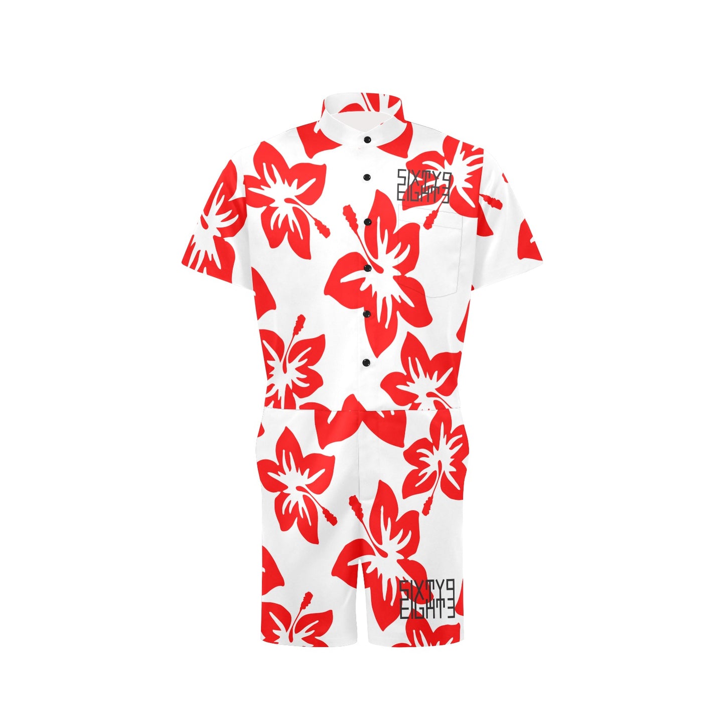 Sixty Eight 93 Logo Black Hibiscus Red & White Men's Short Sleeve Jumpsuit
