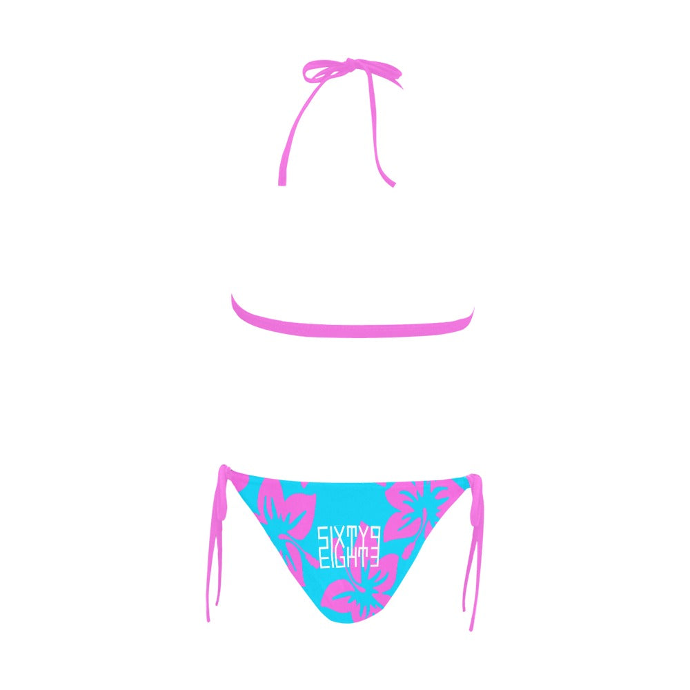 Sixty Eight 93 Logo White Hibiscus Pink & Aqua Blue Halter Bikini Swimsuit