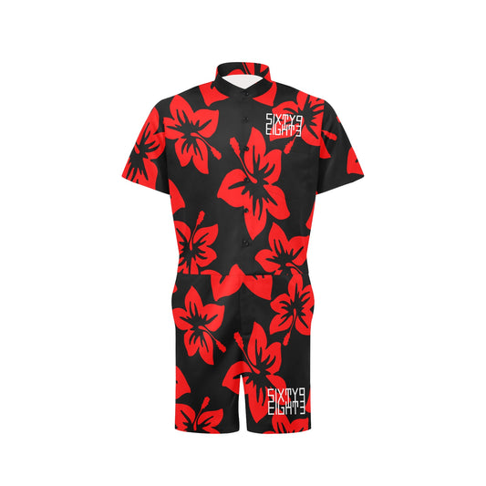 Sixty Eight 93 Logo White Hibiscus Red & Black Men's Short Sleeve Jumpsuit