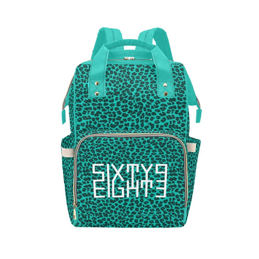 Sixty Eight 93 Logo White Cheetah Aqua Blue Multi-Function Backpack